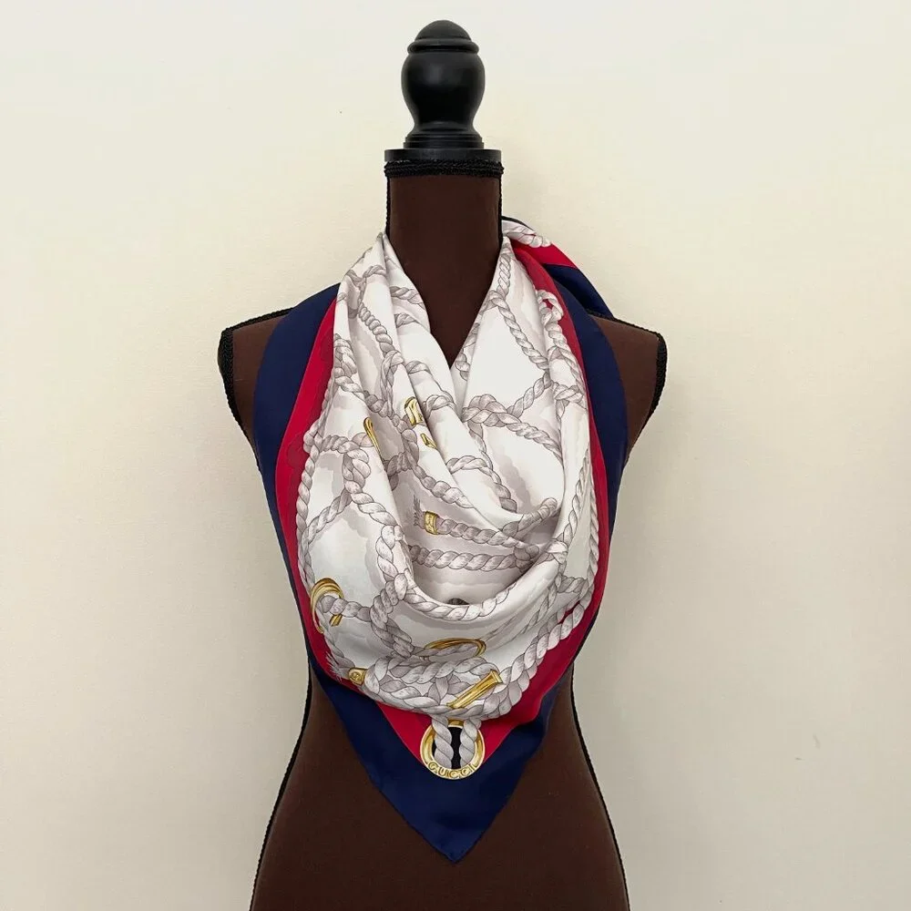 New Gucci Scarf GG Logo Ropes Print Nautical Style Silk Wrap